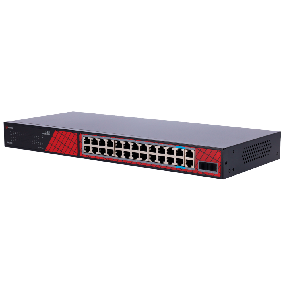 Safire Switch Hi-PoE - 24 porte + 2 SFP Uplink + 2 Uplink RJ45 - Gigabit-porthastighed 10/100/1000 Mbps - 22 PoE+ porte 30W + 2 Hi-PoE porte 60W - PoE Watchdog - Op til 300W samlet PoE-strøm