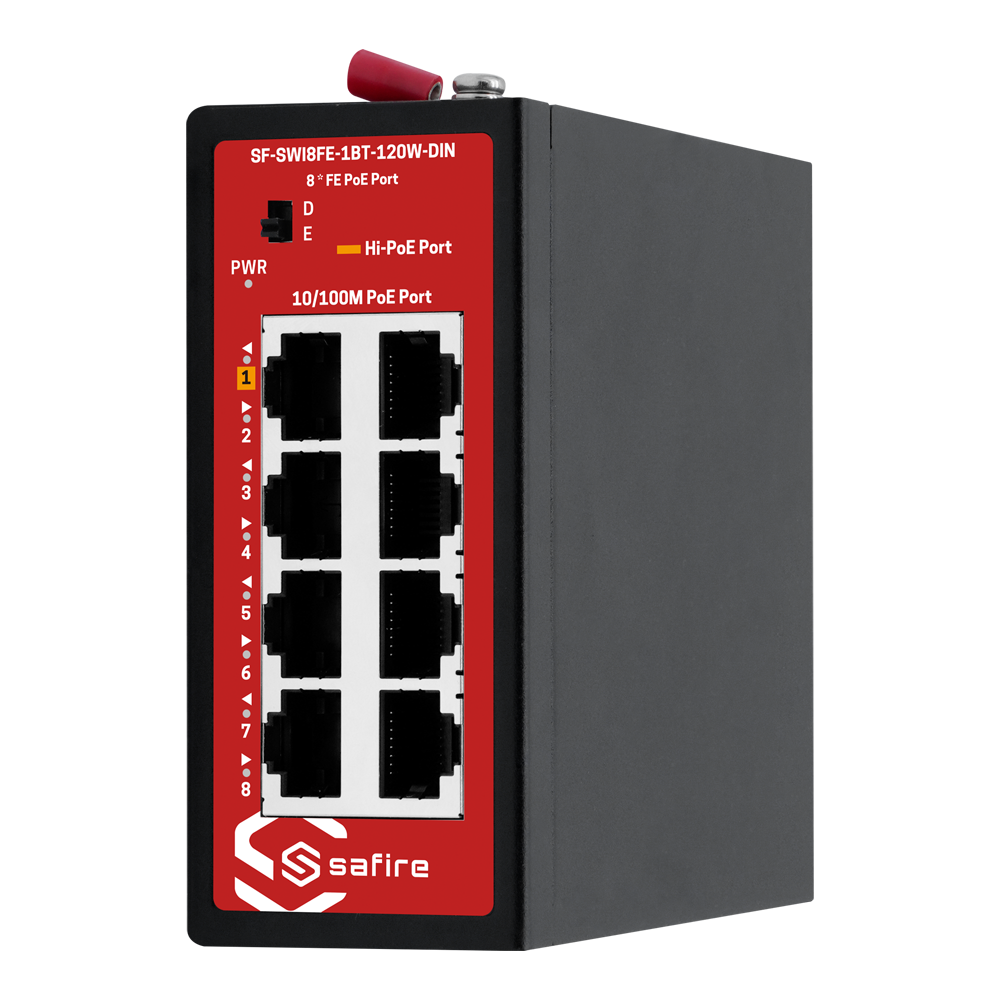 Safire Industrial Hi-PoE DIN-switch - 8 PoE Fast Ethernet-porte 10/100 Mbps - PoE-budget 150W med Hi-PoE 60W på port 1 - Ekstremt industrielt design fra -40 °C til 75 °C - Extend-tilstand for transmission op til 250 meter - Støbejernskasse til 35 mm DIN-skinne
