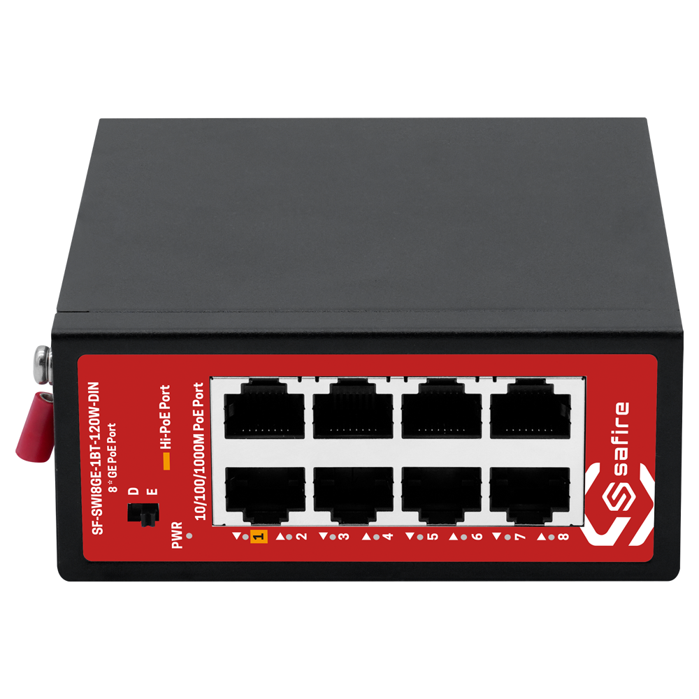 Safire Industrial Hi-PoE DIN-switch - 8 Gigabit PoE-porte (Port 1 Hi-PoE 60W) - Ekstrem industriel udførelse fra -40 °C til 75 °C - Extend-tilstand til transmission op til 250 meter - Aluminiumskabinet IP40 til 35 mm DIN-skinne - Redundant og polaritetsbestandig strømforsyning