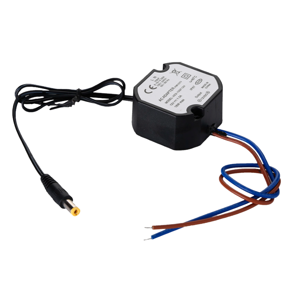 Strømadapter - 12 V / 1A /12 W - Vejrbestandig IP67 - 50 (H) x 48 (W) x 25 (D) mm - Stabiliseret