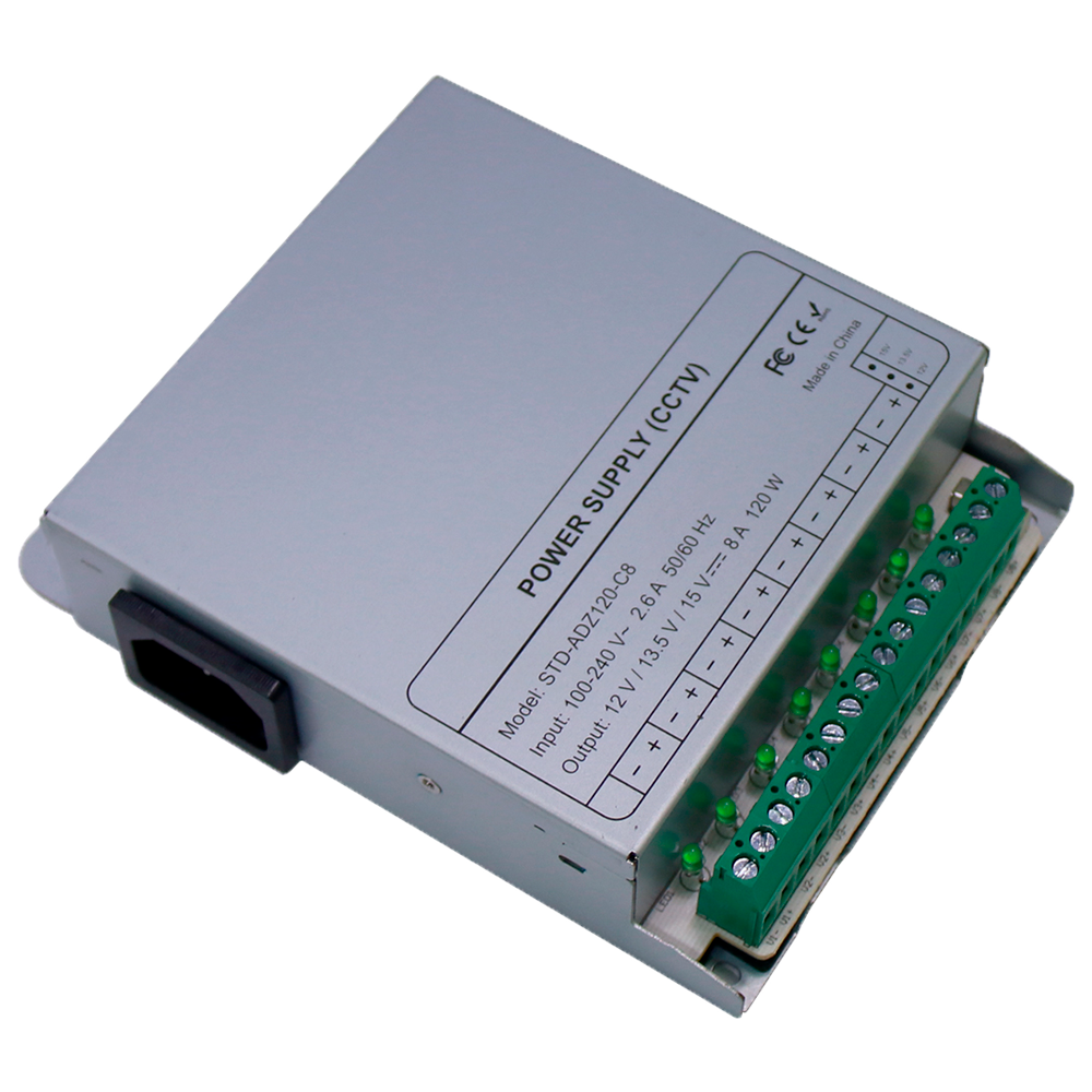 Switch-mode strømforsyning - DC Output 12V 10A / 120W - 8 outputs - Input spænding 100 V ~ 240 V - 33 (H) x 140 (D) x 108 (W) mm - DIN skinne montering