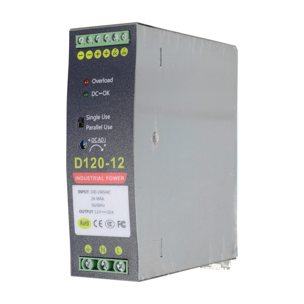 Switch-mode strømforsyning - DC Output 12V 10A / 120W - 2 outputs - Input spænding 90 V ~ 264 V - 135 (D) x 121 (H) x 40 (W) mm - DIN skinne montering