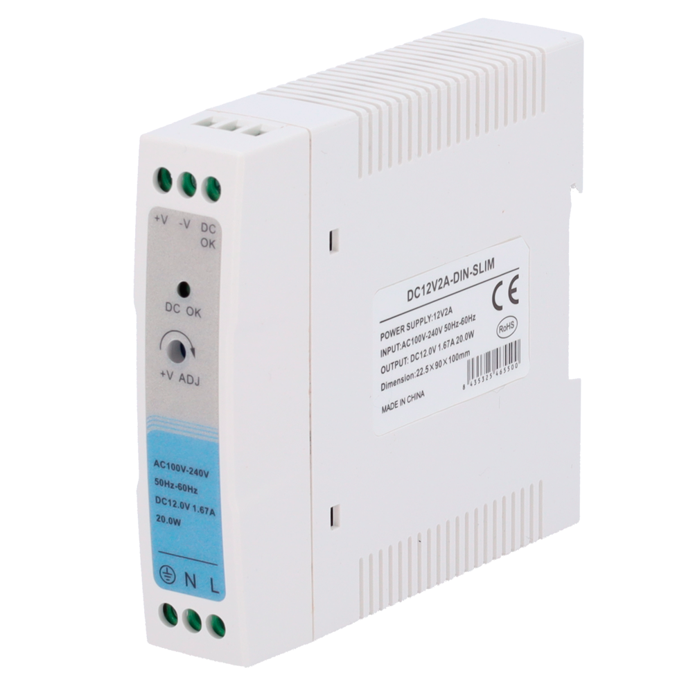 Strømforsyning - DC Output 12V 1.67A / 20W - Input spænding 100-240VAC 50/60Hz - 23 x 100 x 92 mm - DIN skinne montering - Beskyttelse: Overbelastning/Overspænding/Kortslutning